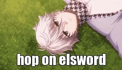 a person laying on their back with the words hop on elsword written below them