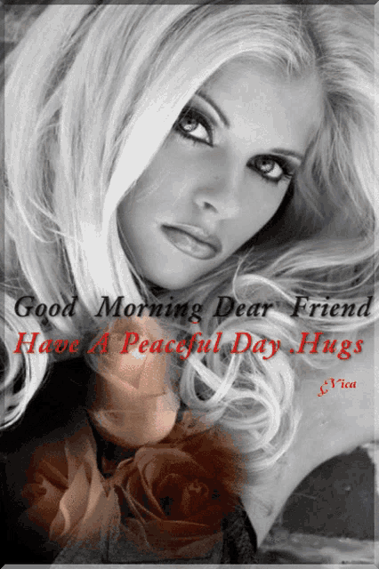 a picture of a woman with the words good morning dear friend have a peaceful day hugs on it
