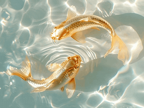 two gold fish are swimming in a pool of clear water
