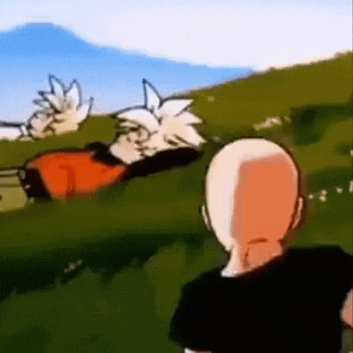 a bald man is standing in a field with a cartoon character .