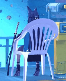 a person is sitting in a white plastic chair with a sword in their hand .