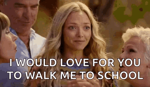 a woman is standing in front of a group of people and saying `` i would love for you to walk me to school ''