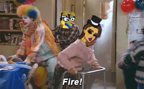 a woman with a walker is being pushed by a clown and a top hat