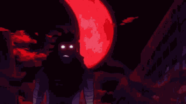 a person is standing on a red floor in a dark room with a purple background .