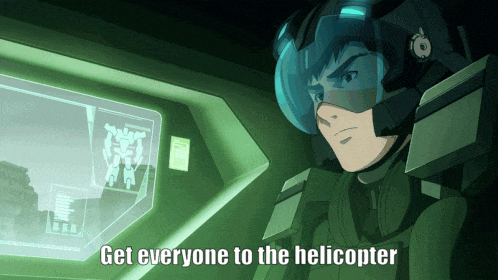 a man in a helmet says " get everyone to the helicopter " in front of a screen