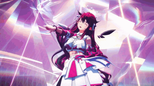 a girl in a pink and white dress is dancing in a purple room .