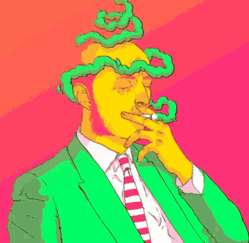 a man in a green suit and red and white striped tie smoking a cigarette