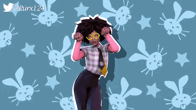 a girl in a plaid shirt and tie stands in front of a pattern of rabbits