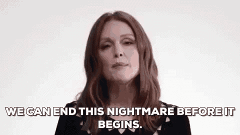 a woman is standing in front of a white background and says `` we can end this nightmare before it begins . ''