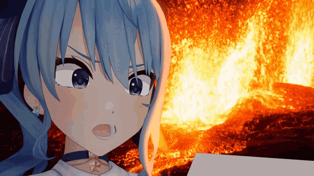 a girl with blue hair is standing in front of a fire