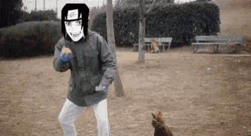 a man with a mask on his face is playing with a cat in the park .