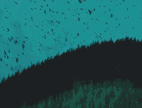 a large flock of birds are flying over a forest