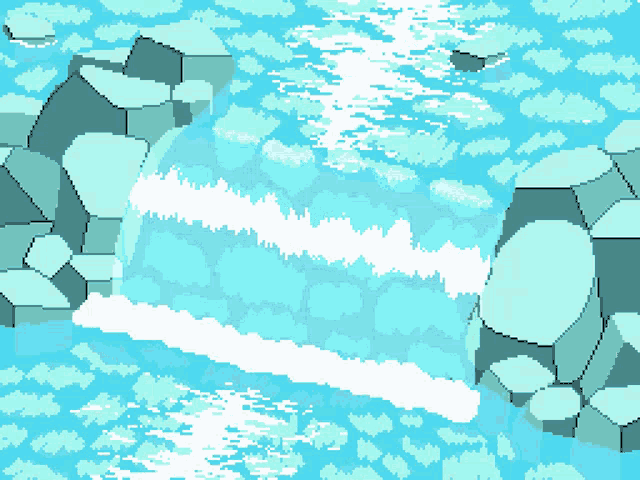 a pixel art of a waterfall surrounded by rocks and ice