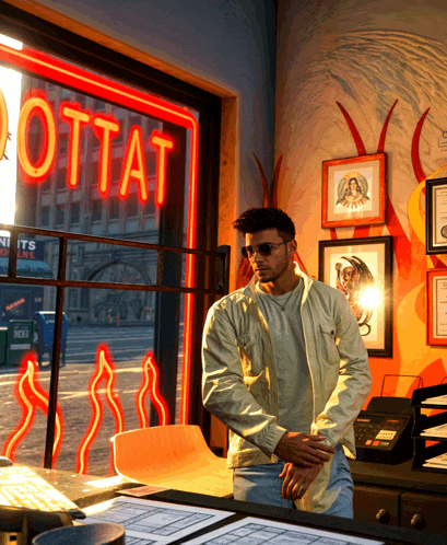 a man is standing in front of a neon sign that says ' ottat '