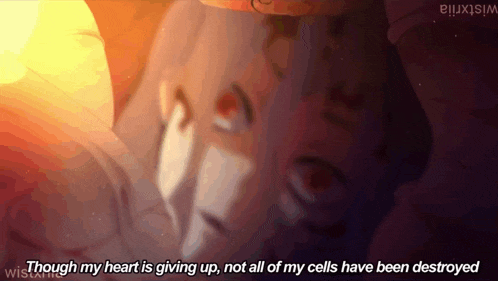 a close up of a person with the words though my heart is giving up
