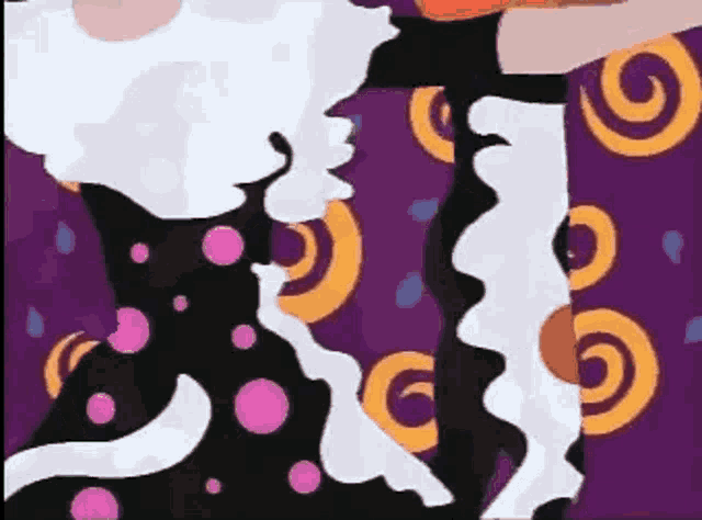 a cartoon drawing of a woman in a black and white dress with polka dots and swirls on a purple background