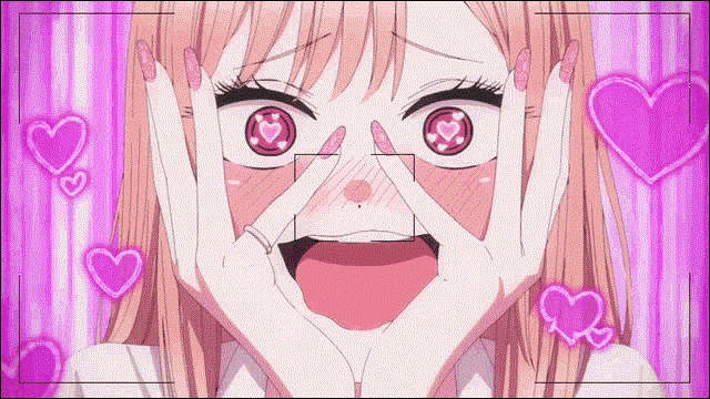 a girl with pink hearts in her eyes is making a funny face .