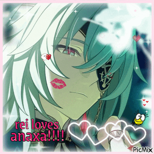 a picture of a boy with hearts and the words rei loves anaxa on it