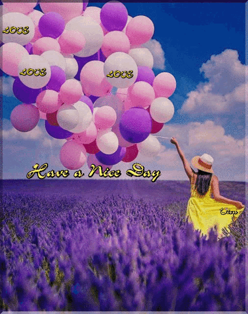 a woman in a yellow dress is holding a bunch of pink and purple balloons in a field of lavender