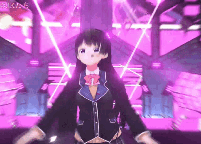 a girl in a school uniform is dancing in front of a purple background with the word jk written on it