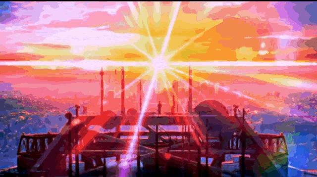 a colorful painting of a sunset with the sun shining brightly