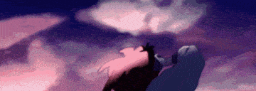 a person with pink hair is flying through the air in a cartoon .