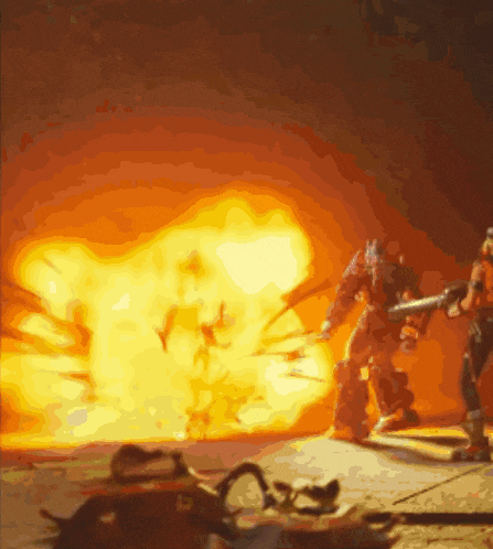 a cartoon of a man holding a gun in front of a large fire
