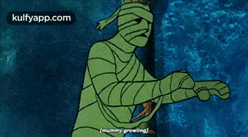a cartoon of a mummy standing in front of a group of people .