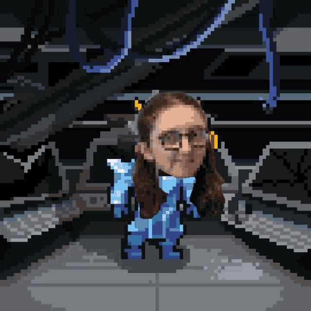 a pixel art of a woman wearing a blue suit