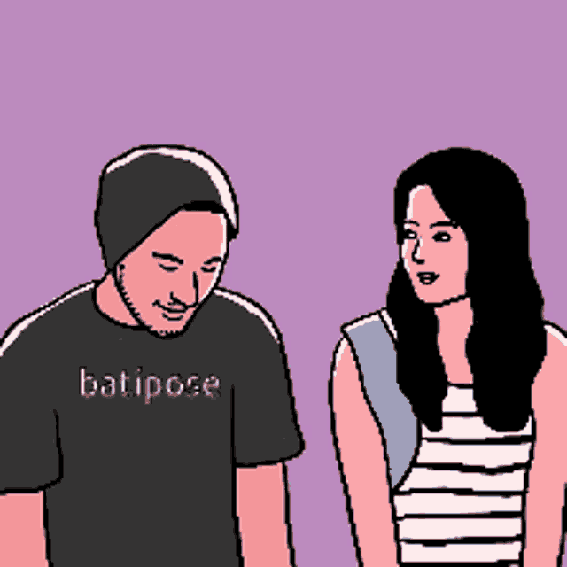 a pixel art drawing of a man and a woman with the man wearing a batipose shirt