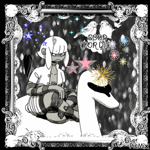 a black and white drawing of a girl sitting on a swan with the words good morning written on the bottom