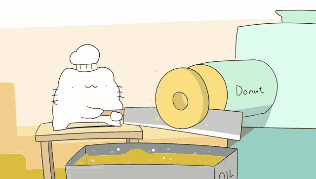 a cartoon cat is cutting a donut with a knife