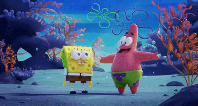 spongebob and patrick star are standing next to each other in the ocean