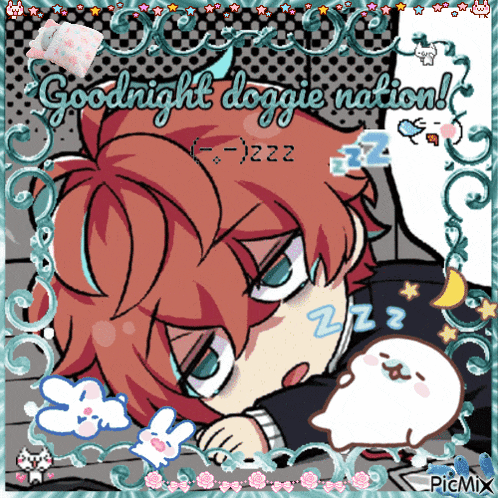a cartoon of a boy sleeping with the words goodnight doggie nation