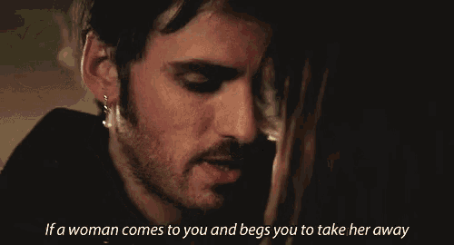 a close up of a man and a woman with the words if a woman comes to you and begs you to take her away written below