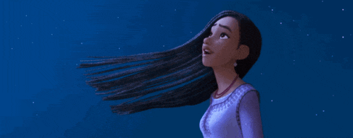 a cartoon girl in a purple shirt is looking up at the night sky .