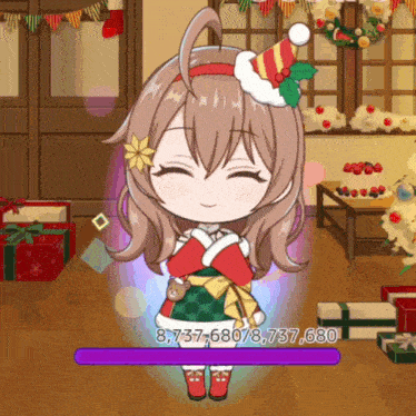 a girl in a christmas outfit has the number 8,737,680 on the bottom