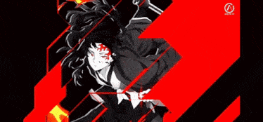 a black and white drawing of a man holding a sword on a red and black background