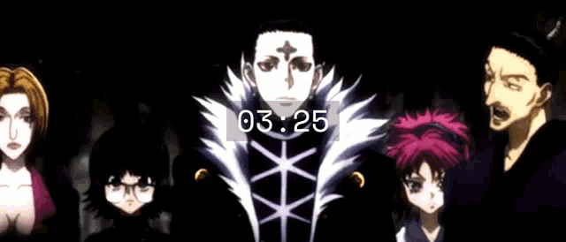 a group of anime characters are standing next to each other with the time of 00:14