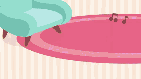 a cartoon illustration of a chair and a pink rug with music notes on it