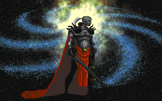 a pixel art of a knight with a red cape and a sword