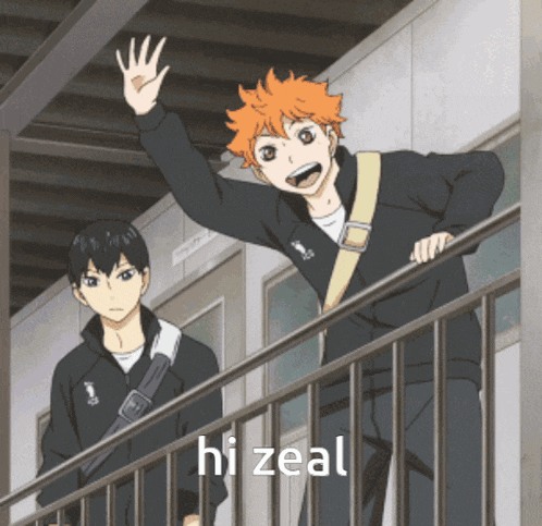 a couple of anime characters standing on a balcony with the word hi zeal on the bottom