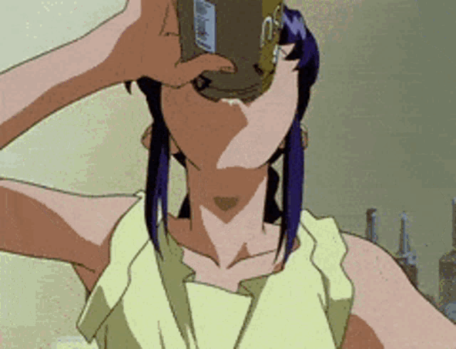 a woman with purple hair is drinking from a bottle