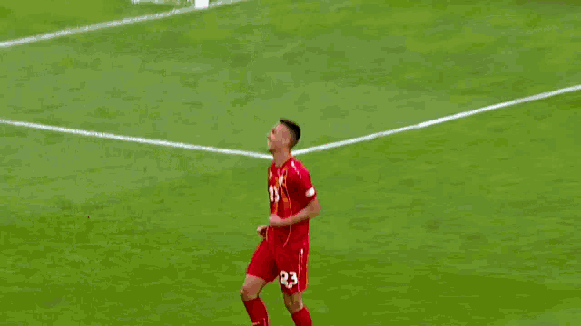a soccer player wearing a red jersey with the number 2 on the back