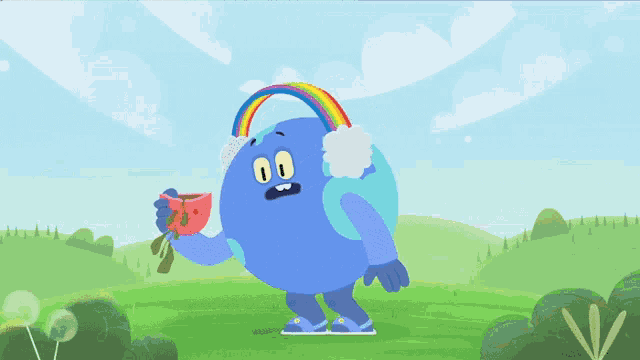a cartoon character with a rainbow on its head
