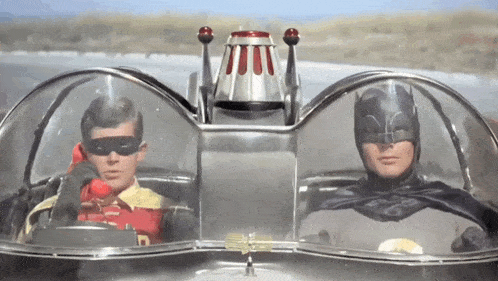 robin and batman are sitting in a car with a clear dome