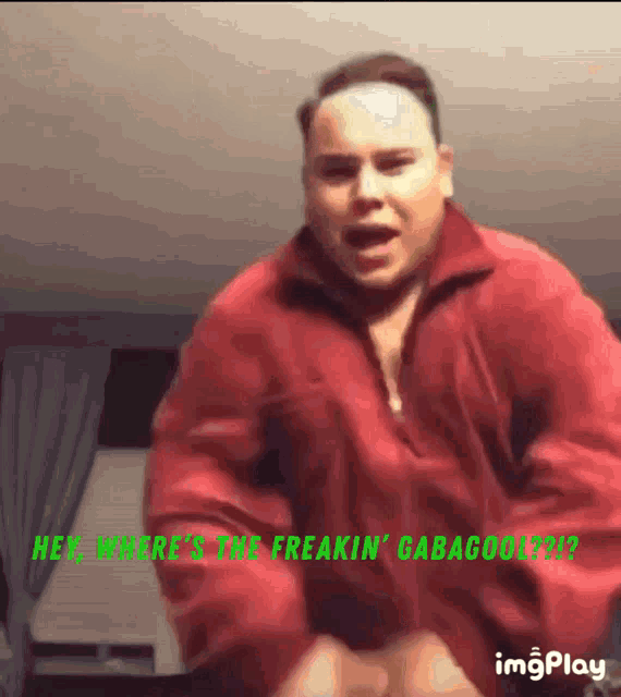 a man in a red jacket says " hey where 's the freakin ' cabahoo ? "