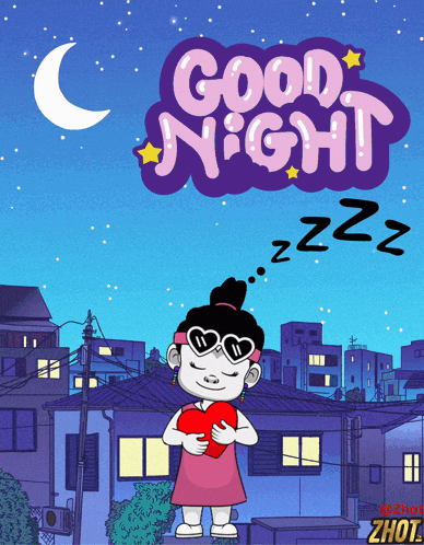 a cartoon girl holding a heart in front of a good night sign