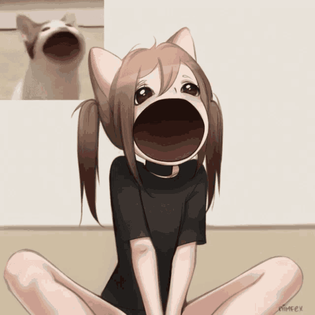 a drawing of a girl with her mouth wide open and a cat behind her