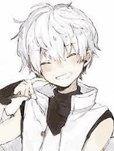 a boy with white hair is smiling and wearing a white vest and a black shirt .